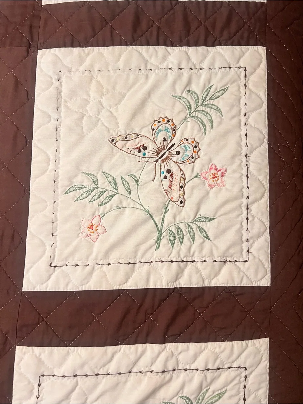 Embroidered Floral Patchwork Quilt - Cream and Brown